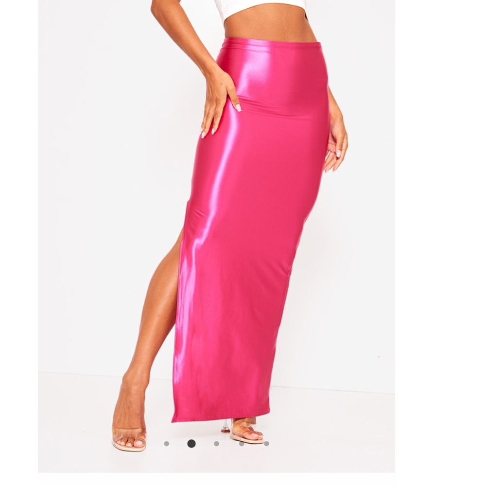 Hot pink stretch satin split side maxi skirt
